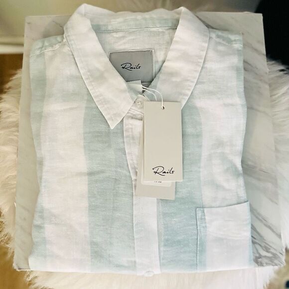 RAILS Women's Charli Awning Stripe Linen Blend Blouse, XL‎ (14), White/Blue, NWT - Picture 6 of 15